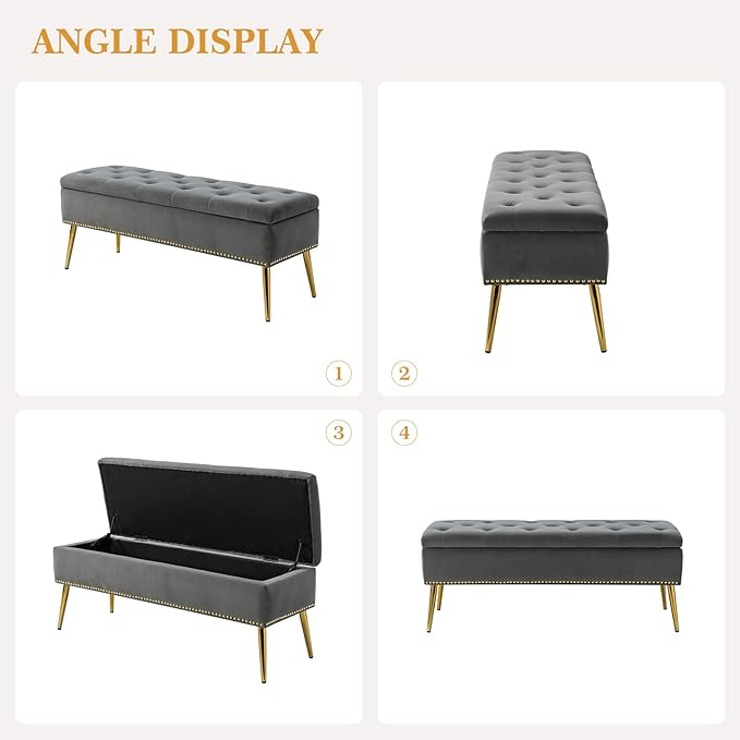 HULALA HOME Modern Velvet Storage Ottoman Bench with Gold Base & Nailhead Trim, Upholstered Bedroom Bench for End of Bed, Button-Tufted Footstool for Entryway Living Room Dining Room, Grey