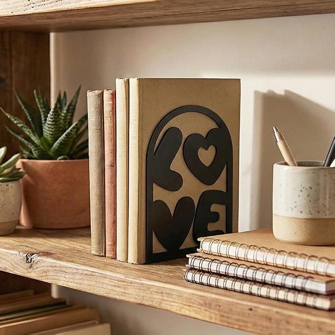 Decorative Book Ends, 2 Pcs Love Decor Metal Bookends Rectangular Black Bookends for Shelf Decoration and Book Organization