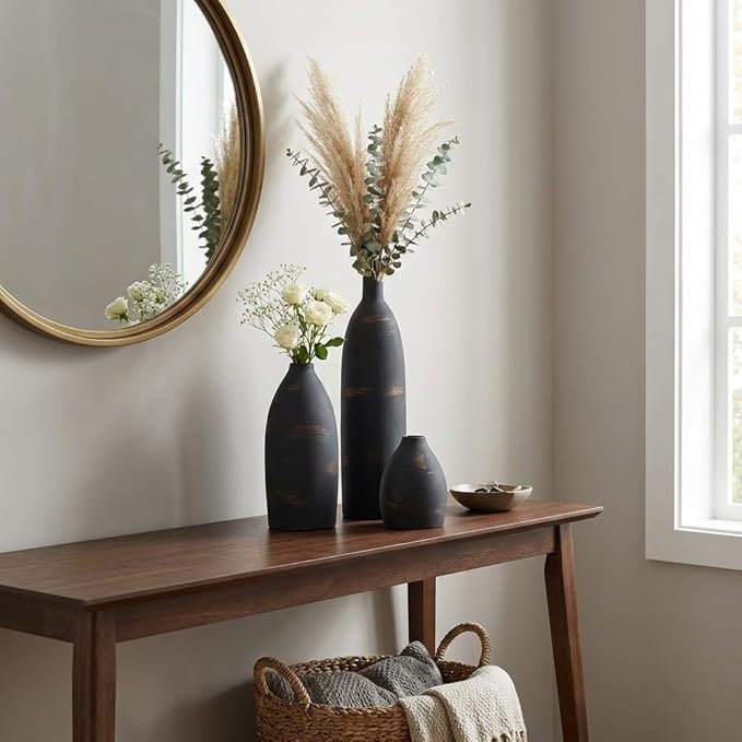 Matte Black Ceramic Vase Set of 3, Black Vase Set for Home Decor, Modern Farmhouse Bud Vases for Flowers, Watertight Small Vases, Non Slip Pads for Shelf Decor, Table Centerpieces