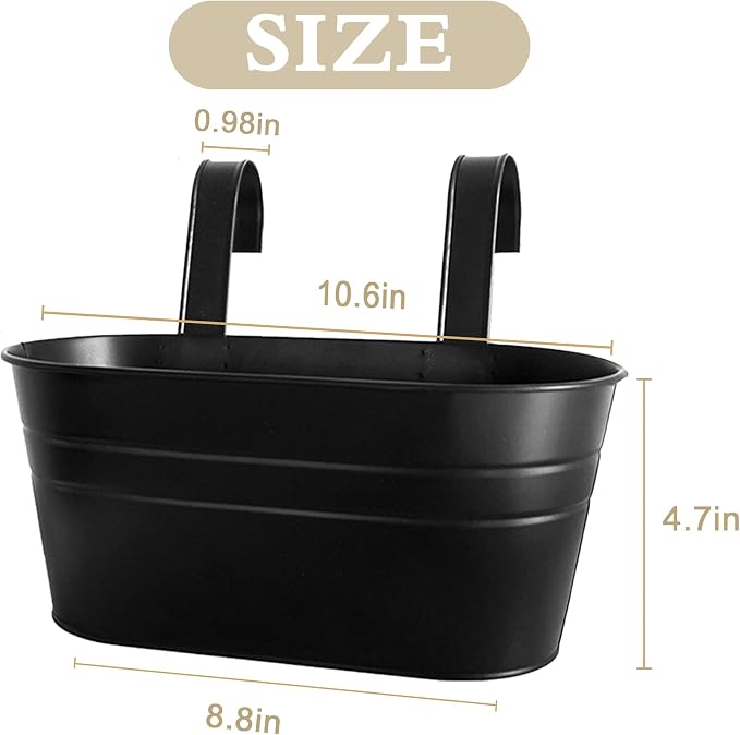 5 Pack 10.6 Inch Metal Hanging Flower Pot Oval Metal Railing Planter Balcony with Detachable Hook Indoor Outdoor Decor for Railing Fence Balcony Garden (Black)