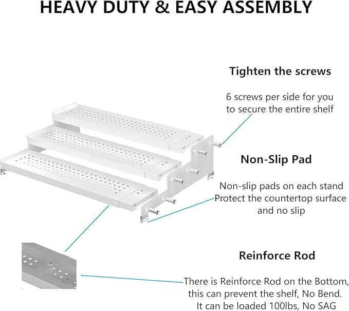 Expandable Spice Rack organizer with 3-Tier step shelf,Modern Design heavy duty,Non Skid and Visibility,Great for Kitchen Cabinet,Bathroom,dressing table,Cupboard, Pantry and more(1PACK/WHITE)