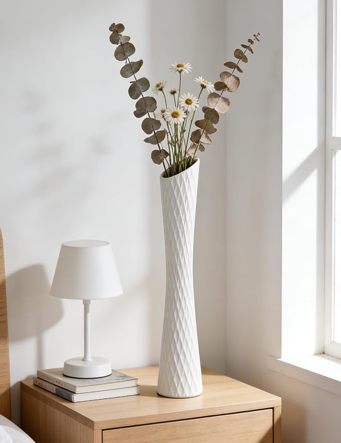 White Tall Vase, 16" Skinny Pretty Waist Ceramic Vase, Handmade Flower Vases for Entryway, Bookshelf, Fireplace, Shelf Decorative
