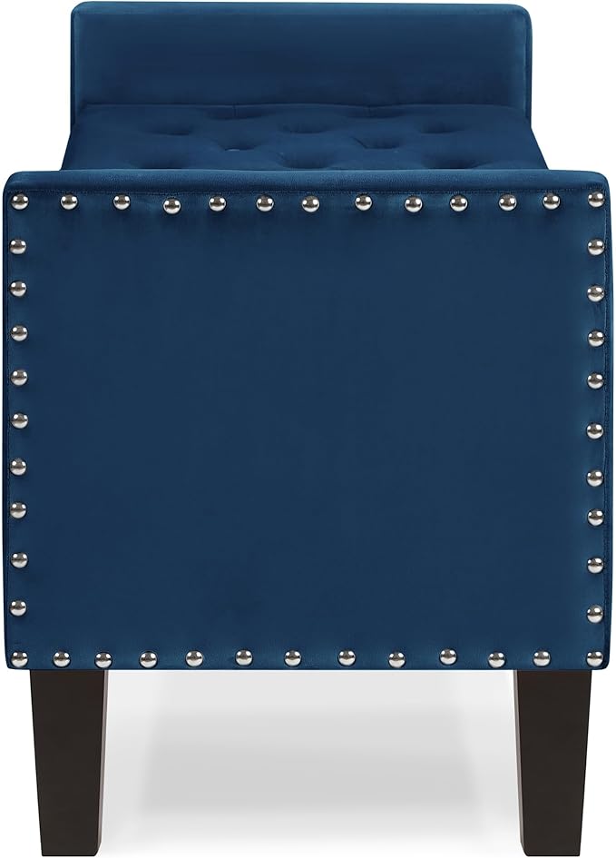 48" Folding Storage Ottoman Bench, Velvet Upholstered Tufted Button End of Bed Bench with Nailhead Trim, Padded Seat and Armrest, Foot Rest Stool for Entryway, Living Room, Bedroom (Navy Blue)