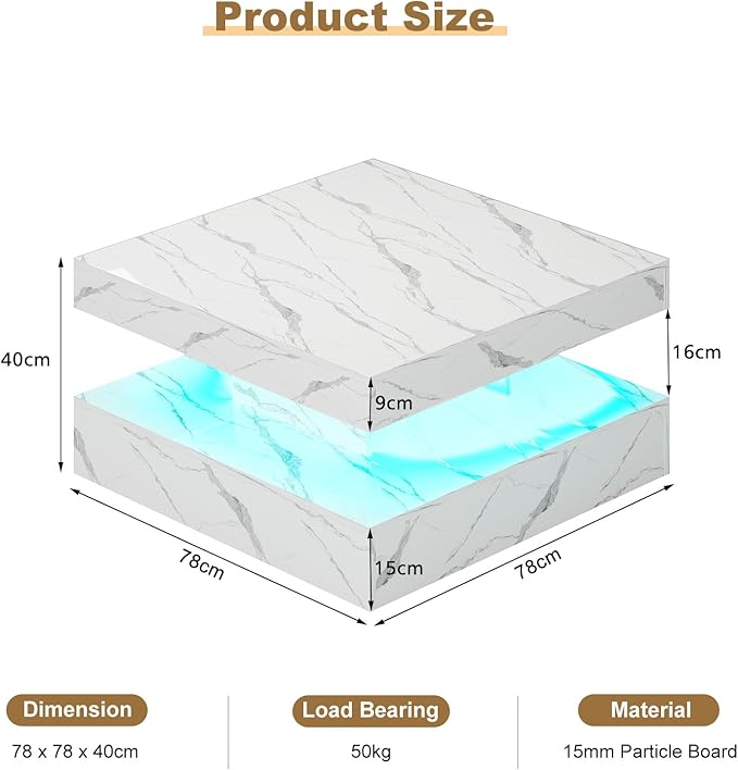 HedoAjim White Marble LED Coffee Table for Living Room, Living Room Table 2-Tier Square Middle Center Table, Modern Coffee Tables with Storage, Contemporary Wood Tea Tables for Dining Reception