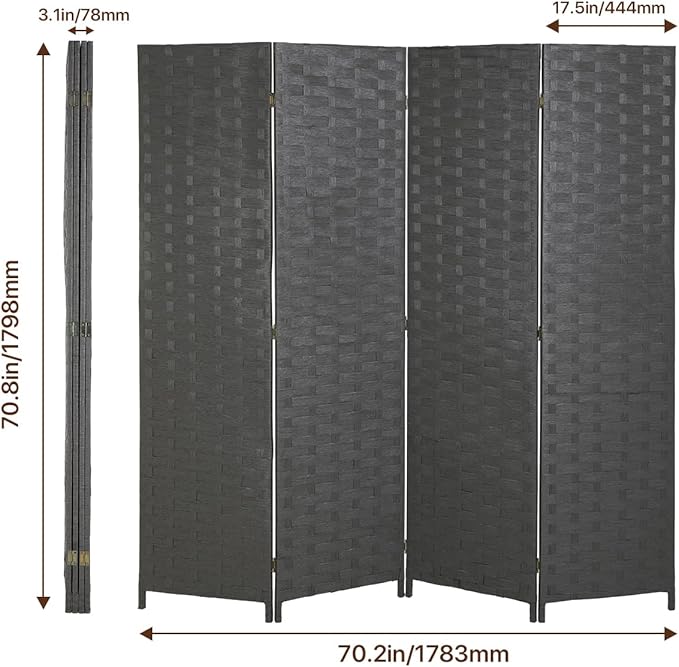 Room Dividers and Folding Privacy Screens 4 Panel 6 ft Foldable Portable Room Seperating Divider, Handwork Wood Mesh Woven Design Room Divider Wall, Room Partitions and Dividers Freestanding, Gray