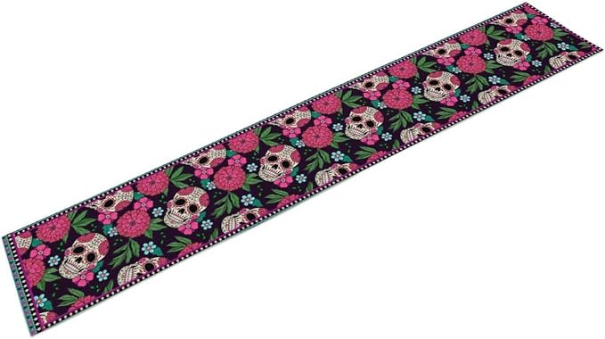YCness Dia De Los Muertos Table Runner Red Floral Cinco De Mayo Rustic Linen Mexican Sugar Skull Day of The Dead Altar Decoration for Home Kitchen Dining Room, 13x36 Inch Black