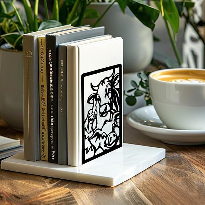 Peacoblue Metal Bookends for Shelves, Modern Decorative Heavy Duty Study Book Support Stoppers for Office, Desk, Shelf, Room 5.3"x4.3"x7.9" Cast Iron Simple Tall Bookends, 1 Pair (Farm Animals)