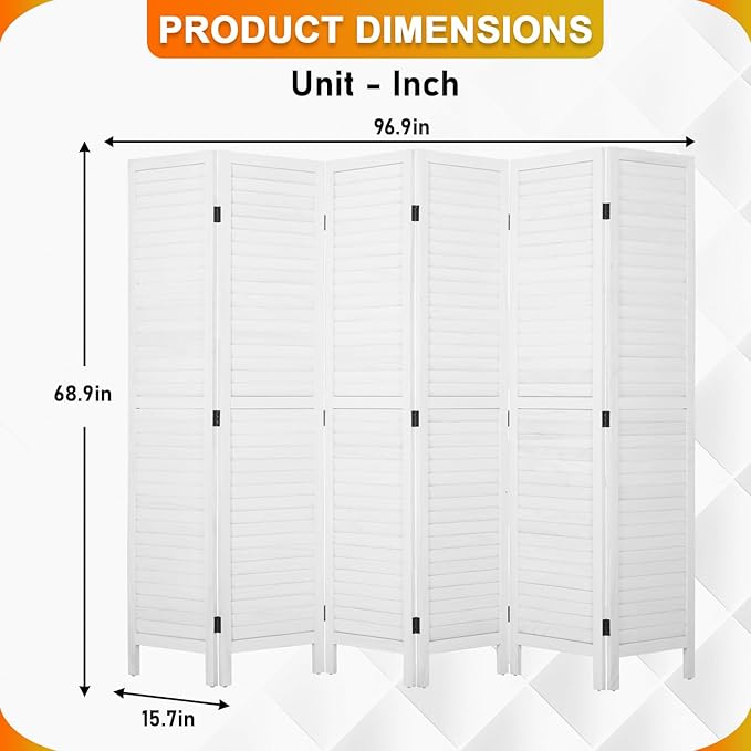PayLessHere Room Divider Wood Privacy Screen 5.75 Ft Indoor Folding Portable Partition Screen for Bedroom Office Restaurant (White, 6 Panel)