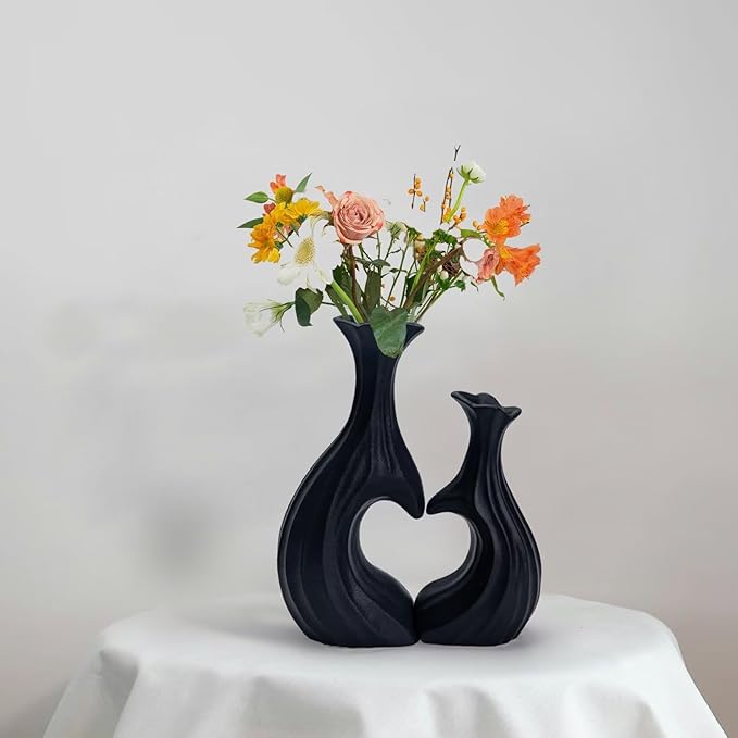 Black Ceramic Vases, Heart Shaped Flower Vase Set of 2