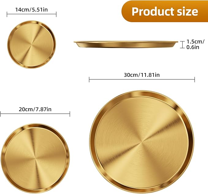 Round Gold Decorative Jewelry Tray - Small Stainless Steel Display Holder Tray Perfume Candle Key Decorative Storage Organizer for Desk Vanity Bathroom Dresser Kitchen Coffee Table (11.8'')