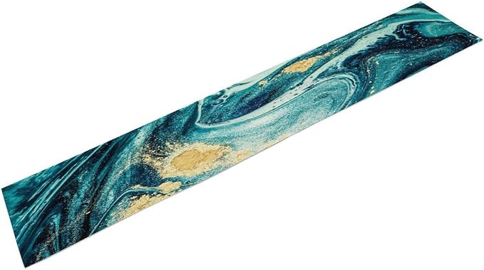 Teal Blue Marble Table Runner,Marble Teal Gold Liquid Luxury Texture Pattern Table Runner for Coffee Table Dining Room Table Bedroom Party Holiday Decor 13x60inch