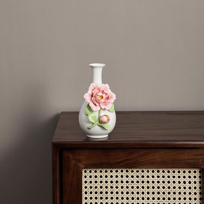 Ceramic Flower Vase Home Decor,Handmade Flowers Ceramic Aesthetic Flower for Home,Living Room,Dining Table,Farmhouse,Office Decor,Bedroom,Table and Kitchen Shelf (Pink, Style A)