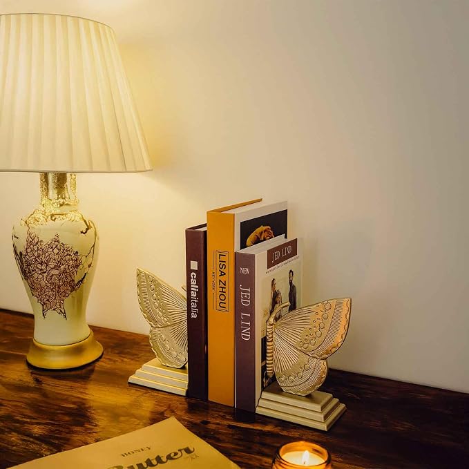 Decorative Butterfly Bookends, Muted Matte Vintage Gold Heavy Duty Metal Book Ends with Non-Slip Felt Base, Shelf Organizer for Home and Office