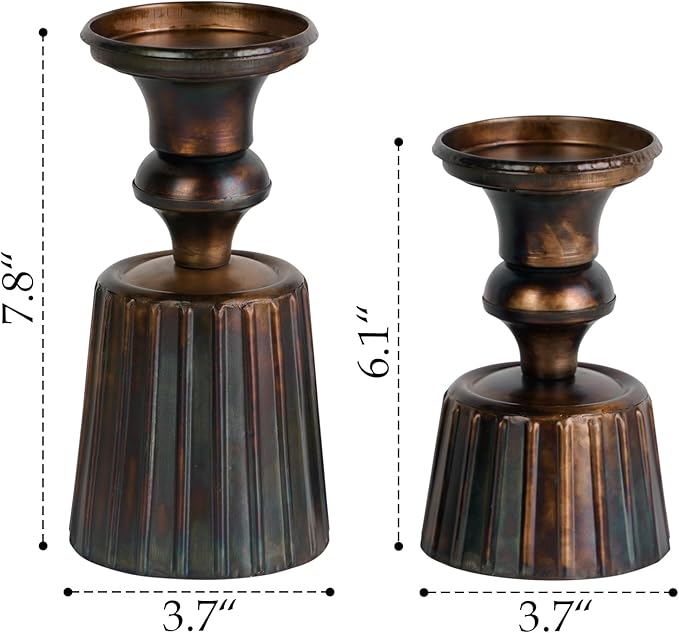 NIKKY HOME Vintage Pillar Candle Holders Set of 2, Rustic Bronze Metal Candle Pedestals Stand Centerpieces Decor for Dining Room Table Wedding Party Mantle Fireplace Housewarming Gift
