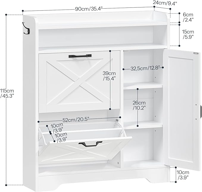 HOOBRO Slim Shoe Cabinet with 2 Flip Drawers & Side Storage, Narrow Shoe Storage Cabinet for Entryway, Wooden Shoe Organizer for Small Spaces, Adjustable Shelves, White WT90SC01US