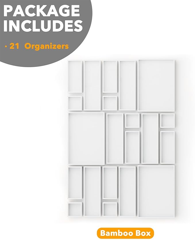SpaceAid 21-Piece Bamboo Drawer Organizer Storage Boxes Set, Wood Tray Junk Drawer Organizers Multi-Use Divider Bins for Kitchen, Bathroom, Office Desk and Makeup Organization (21 Pack, White)