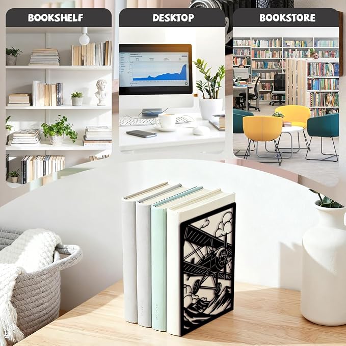 Peacoblue Metal Bookends for Shelves, Modern Decorative Heavy Duty Study Book Ends Stoppers for Office Desk Shelf, Room 5.3"x4.3"x7.9" Cast Iron Tall Bookends 1 Pair (Retro Airplane with Mountains)