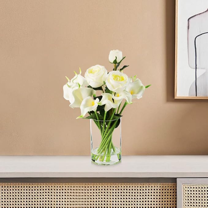 ENOVA FLORAL 18 Heads Calla Lily Flowers Real Touch in Glass Vase Mixed Rose Artificial Flowers, Artificial Flowers in Vase with Faux Water for Dining Table Centerpieces, Wedding Event (White)
