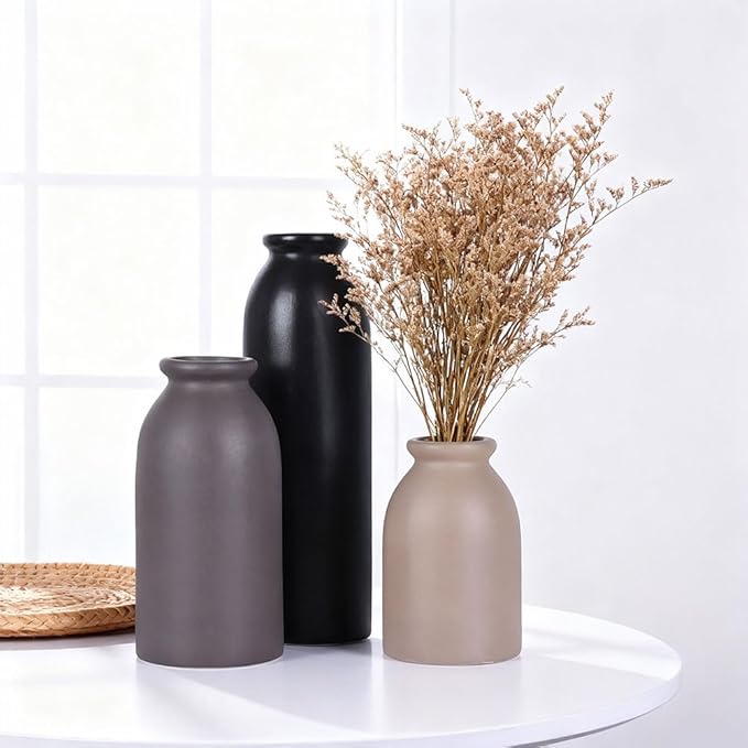 Matte Ceramic Vase Set of 3 - Modern Rustic Farmhouse Style, Decorative Vases for Dining Table, Shelf, Bedroom, Living Room, Kitchen, Office, Bathroom, Mantle, Centerpiece Décor (Neutral)