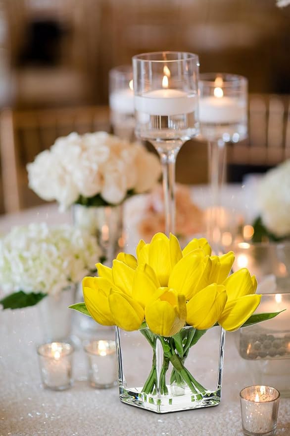 DILATATA Artificial Yellow Tulips in Vase with Faux Water 5.5" Real Touch Flowers Fake Tulips Small Flowers Arrangement in Cube Glass Vase for Mother's Day Table Centerpiece Wedding Home Decor