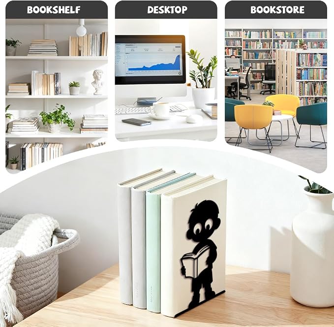 Peacoblue Metal Bookends for Shelves, Modern Decorative Heavy Duty Study Book Ends Stoppers for Office Desk Shelf, Room 5.3"x4.3"x7.6" Cast Iron Tall Bookends 1 Pair (Boy with Cat and Book)