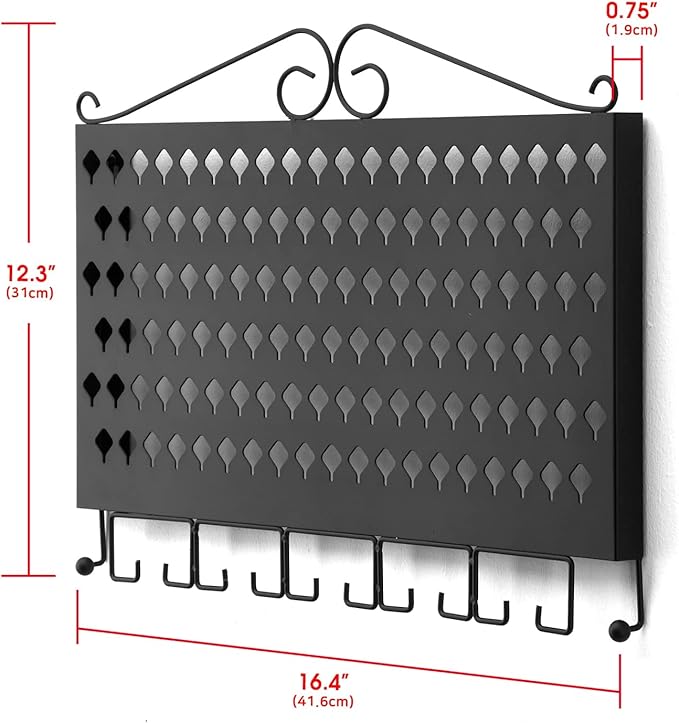 JackCubeDesign Wall Mounted Jewelry Organizer, Earring Necklace Bracelet Holder Display Hanger with 117 Holes & 12 Hooks (Black, 16.54 x 12.2 x 0.75 inches) - MK319A