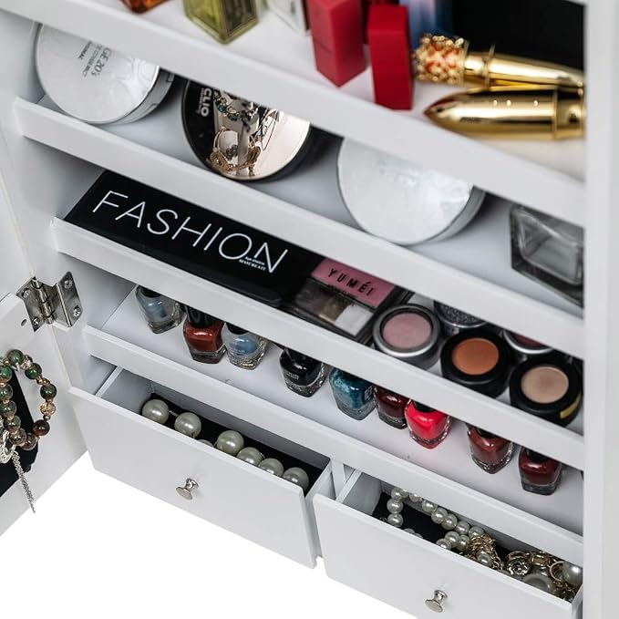 Bonnlo 8 LED Lockable Jewelry Cabinet, Wooden Jewelry Armoire with Full-Length Mirror, Space-Saving Jewelry Organizer Box Wall Door Mounted, Inner Mirror and Large Storage Capacity