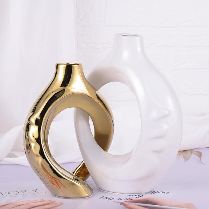 LCCCK White and Gold Ceramic Vases for Home Decor, Boho Vase for Flowers Pampas Grass Decorative, White Gold Hollow Donut Small Vase for Living Room Table Wedding Centerpiece Modern Vases