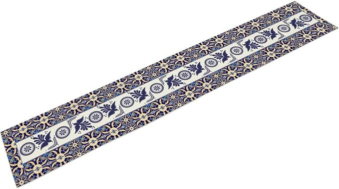 YCness Floral Bird Mexican Table Runner, Blue Patchwork Tiles Kitchen Dining Table Decoration for Home Party Decor, 13x70 Inch
