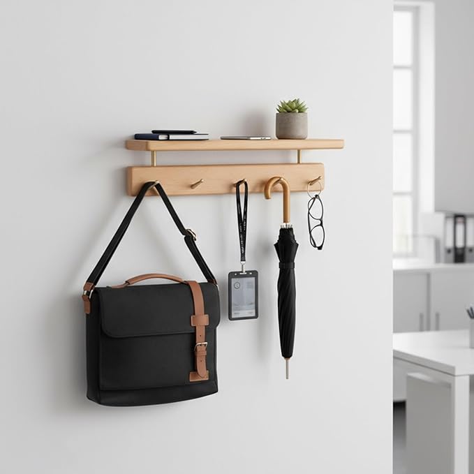 Wall Mounted Coat Rack with Shelf, Wooden Entryway Organizer with 6 Hooks, Wall Shelf with Hooks for Hallway, Bedroom, Bathroom (Beech, 18.11inch/6 Hooks)