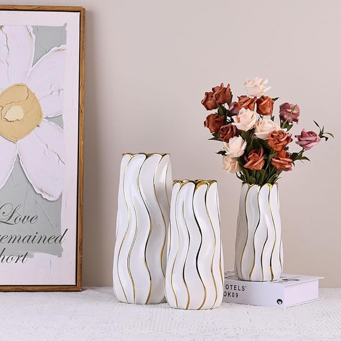 11.5" White Ceramic Vase - Minimalist Decor White and Gold Flower Vase, Modern Pampas Grass Vase, Boho Decorative Centerpiece Vase for Home Decor, Table, Shelf, Mantel, and Entryway