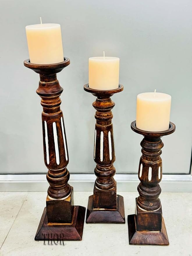 Pillar Candle Holders Set of 3, Candle Holders for Pillar Candle,Mango Wood Candle Holder for Coffee Dining Table, Wedding, Christmas, Halloween, Home Decoration,Brown