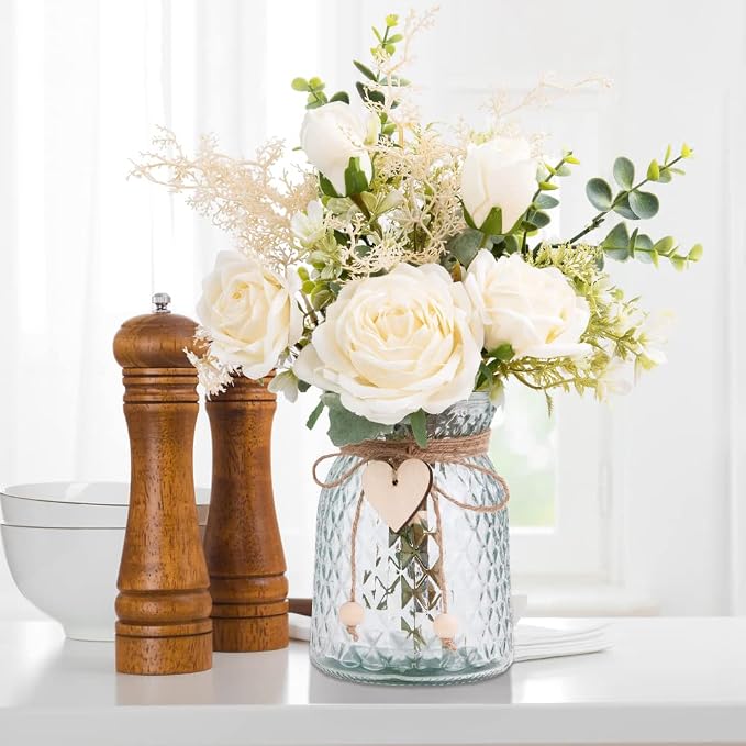 Silk Flowers with Vase, Artificial Flowers Arrangement with Glass Vase Faux Rose for Decoration Table Centerpiece (White Rose)