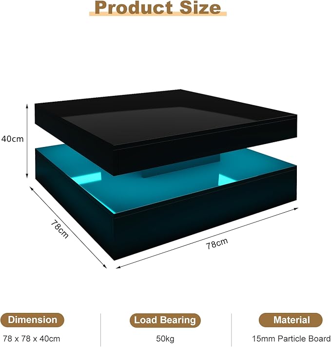 HedoAjim Black LED Coffee Table for Living Room, Living Room Table 2-Tier Square Middle Center Table, Modern Coffee Tables with Storage, Contemporary Wood Tea Tables for Dining Reception