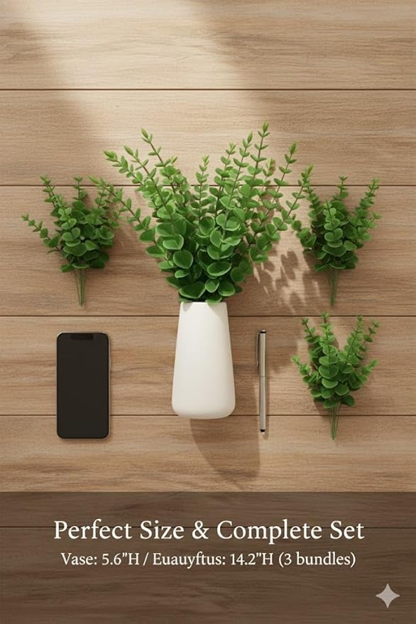 Ceramic Vase with Fake Eucalyptus Plants - Modern Farmhouse Home Decor Deals - Matte Ivory White Pottery Centerpiece for Living Room Coffee Table Bedroom Kitchen & Dining Gift (with Eucalyptus, M)