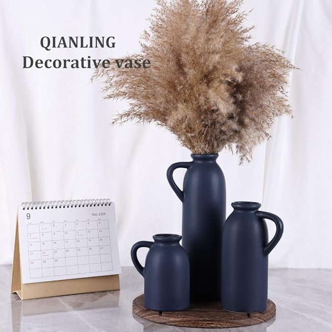 Blue Ceramic Vase with Handles Set - 3 Matte Blue Jug Vases, Farmhouse Country Flower Vase Home Decor, Living Room Decoration, Table Decoration, Fireplace Decor, and Entrance Decorations Centerpieces