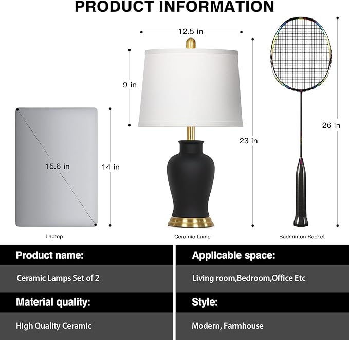 23" Modern Black Ceramic Table Lamps Set of 2, Farmhouse Table Lamps for Living Room, Classic Bedside Lamp with Ginger Jar Design, Elegant Bedroom Lamp for Night stand Desk Side End Table Home Decor