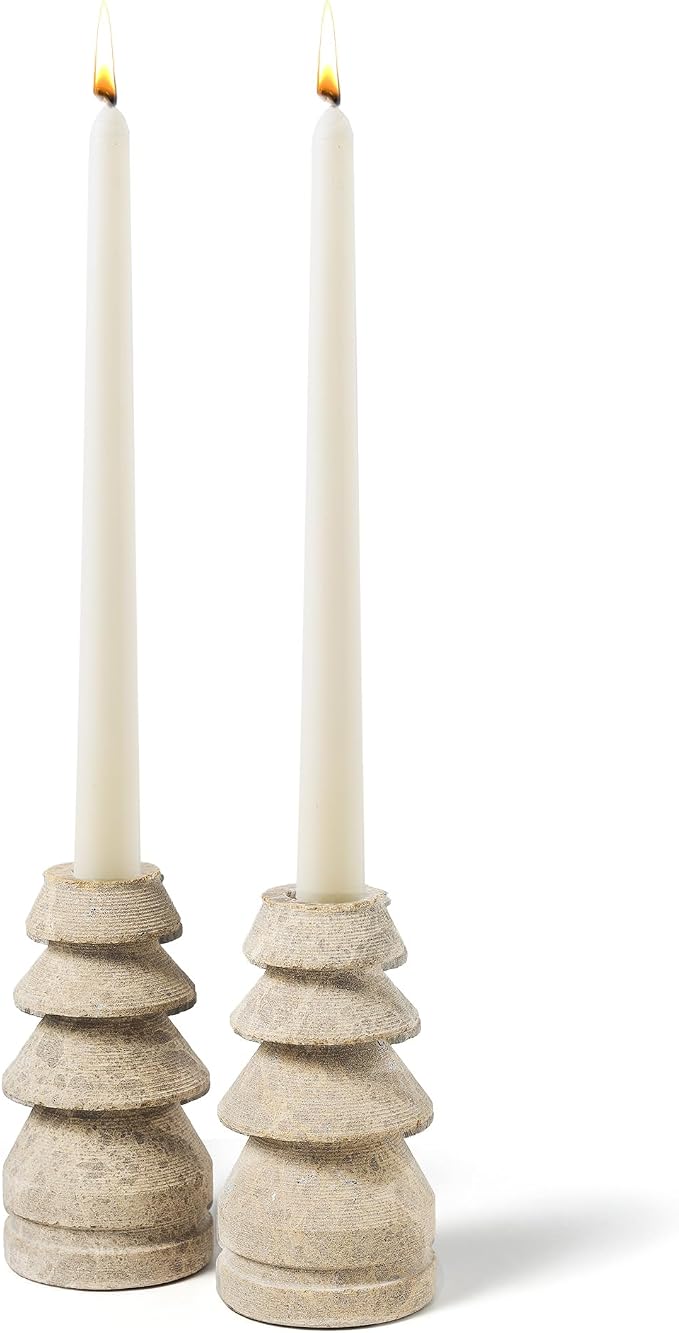 Marble Candle Holders Set of 2, Natural Stone Candlestick Holder for Christmas Decor, Wedding Centerpiece, Dining Table Fits 3/4" Taper Candles, Non-Slip Base, Light Brown (WH070)