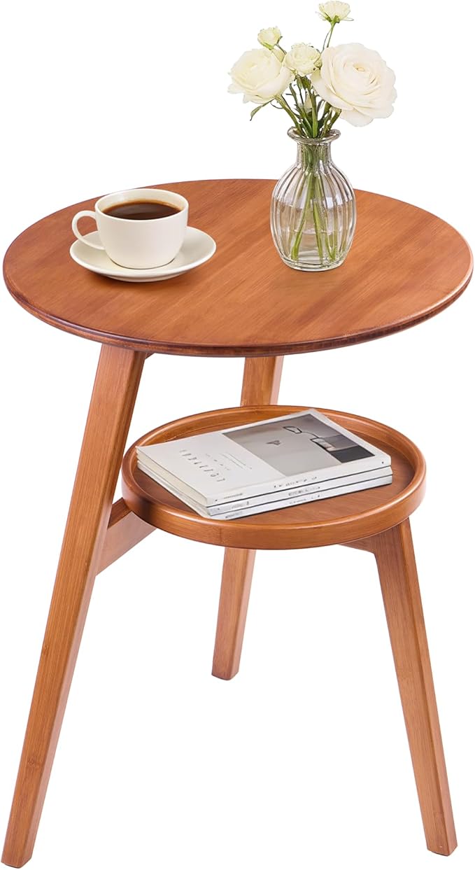 Bamboo Round Side Table, 2-Tier Small Space End Table with Storage Shelf, Mid-Century Modern Rustic Style Narrow Table for Living Room Bedroom Sofa Side