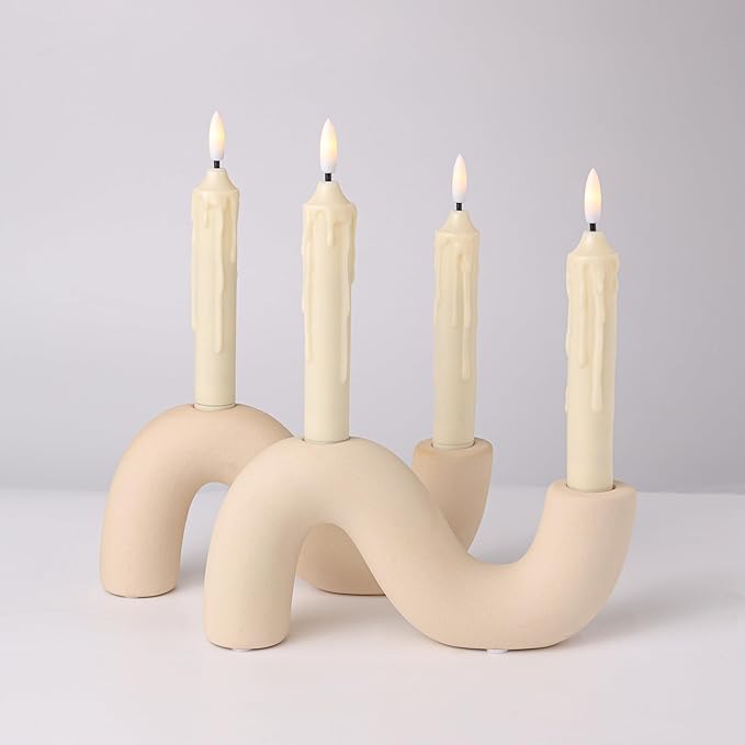 2-Pack White Ceramic Candle Holder Set, Modern Taper Candlestick for Table Living Room Wedding – Includes 4 LED Candles