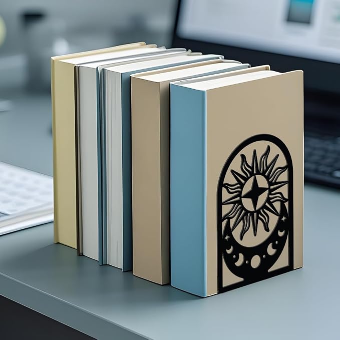 WADORN Moon Sun Metal Bookends for Shelves Decorative 1 Pair, Heavy Duty Books End Support Non-Skid Book Holders Black L-Shaped Book Stopper for Home Office Desk Books Divider, 4.7x3.5x7 Inch