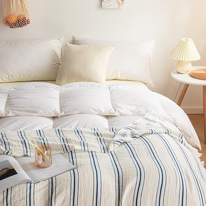 Simple&Opulence Yarn Dyed Striped Cotton Muslin Throw Blanket for Bed, Couch, Knit Woven Blanket with Tassels Soft Lightweight Cozy Pre-Washed Breathable Farmhouse Decoration for All-Season(Blue)