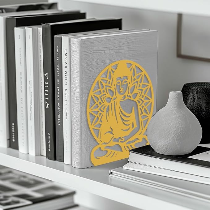 Peacoblue Metal Bookends for Shelves, Modern Decorative Heavy Duty Study Book Support Stoppers for Office, Desk, Shelf, Room 5.3"x4.3"x6.1" Cast Iron Simple Gold Book Ends, 1 Pair (Golden Buddha)