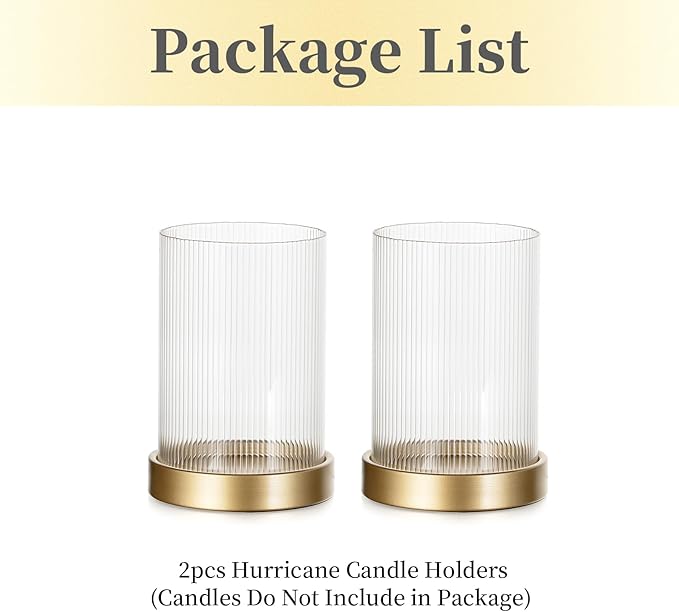 Hewory Ribbed Hurricane Candle Holder: Gold Votive Candle Holders Set of 2, Glass Hurricane with Metal Candle Plate, Pillar Candle Holder for Table Centerpiece Christmas Wedding Holiday Home Decor