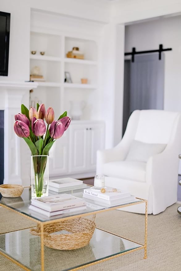 Briful Fake Flowers Artificial Tulip Flower Purple in Clear Vase, Real Touch EVA Tulip Arrangement Suitable for Home Office Fall Decoration, Dining Table Centerpiece