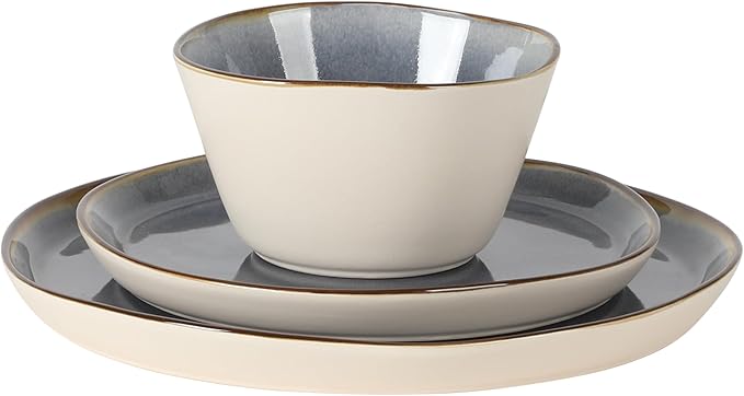 Gibson Elite Algeria River Plates and Bowls Sets, 12-Piece Stoneware Dinnerware Sets, Reactive Glaze Dish Set - Blue