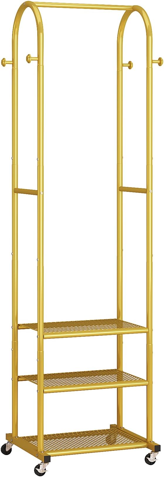 Dttwacoyh Hall Tree with Hanging Hooks,Gold Metal Decorative Freestanding Garment Rack on Wheels,3-in-1 Narrow Entryway Storage for Small Space,Suitable for Hallway,Bedroom and Bathroom,Gold