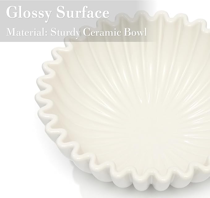 Decorative Bowl for Home Decor, 9.6" Modern White Scalloped Fruit Bowl for Coffee Table, Entryway Table, Kitchen Counter, Centerpiece for Keys or Candy
