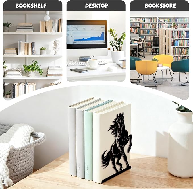 Peacoblue Metal Bookends for Shelves, Modern Decorative Heavy Duty Study Book Ends Stoppers for Office Desk Shelf, Room 5.3"x4.3"x7.9" Cast Iron Tall Bookends 1 Pair (Full Body Horse)