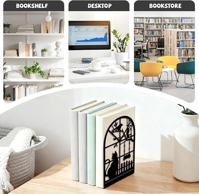 Peacoblue Metal Bookends for Shelves, Modern Decorative Heavy Duty Study Book Ends Stoppers for Office Desk Shelf, Room 5.3"x4.3"x7.9" Cast Iron Tall Bookends 1 Pair (Cat by the Window)
